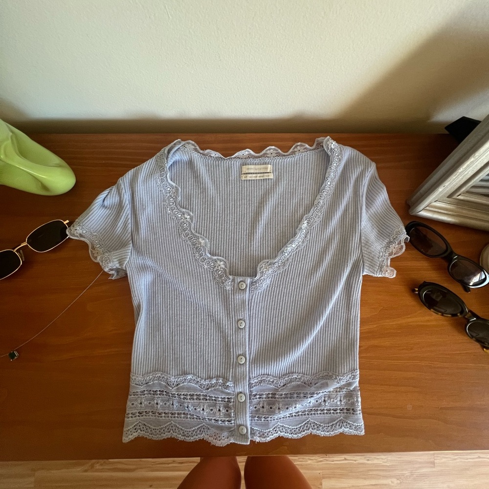 Urban Outfitters Blue Button-Up Lace Blouse